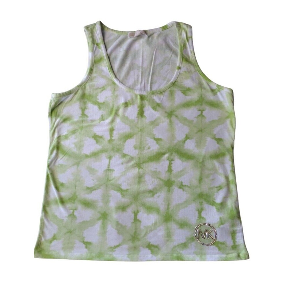 Michael Kors Tank Top Women's 1X Green White Sleeveless Tie Dye Rhinestone Logo